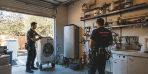 Photo of a plumber removing an old tank water heater while installing a modern tankless system in a Texas utility room, illustrating the upgrade process.