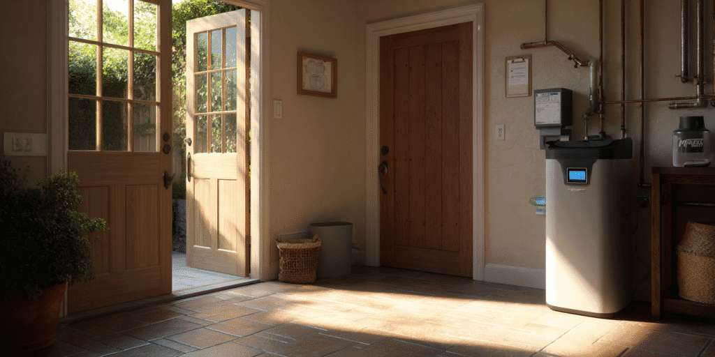 Installed water softener system in Texas home utility room ready for summer hard water protection.