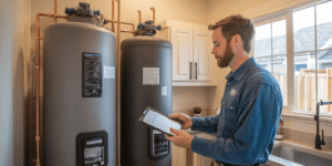 Photo showing a side-by-side installation of a water softener and reverse osmosis filtration system in a Texas utility room, with a plumber explaining the differences to a homeowner.